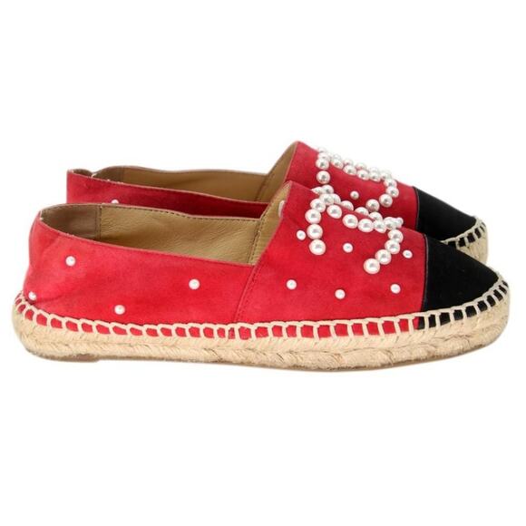 Chanel Espadrille 37 Suede and Faux Pearl Cc Cap-toe Flats CC-S0207P-C042 - Picture 4 of 9